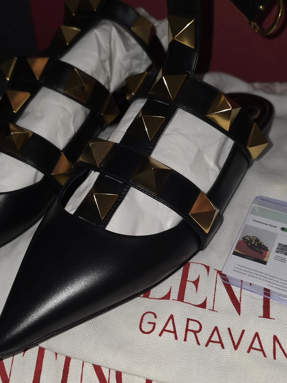 Valentino Black Leather Pointed Flats with Gold Pyramid Studs